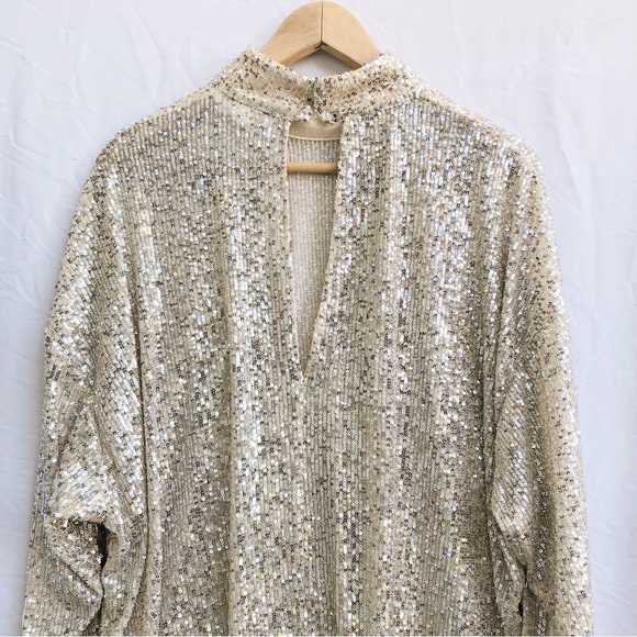 H&M | NWOT L/XL SEQUINED TOP WITH HIGH MOCK COLLAR LONG SLEEVED SHEER BLOUSE - Picture 7 of 8